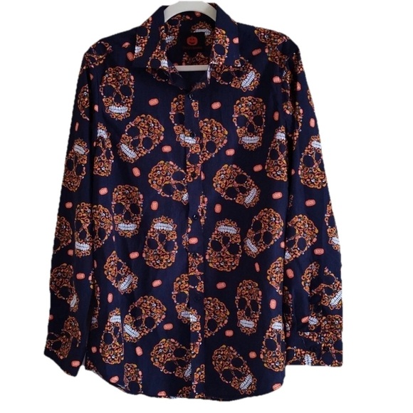 Simon Banks Halloween Skull Button Down Shirt Men’s M Pumpkin Print Novelty Top - Picture 1 of 6